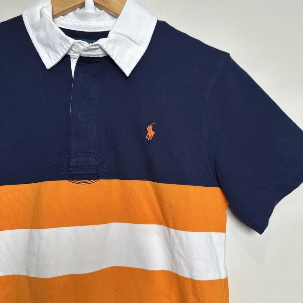 Polo Ralph Lauren Rugby Shirt YOUTH L Classic Fit Striped Jersey Orange Navy NWT